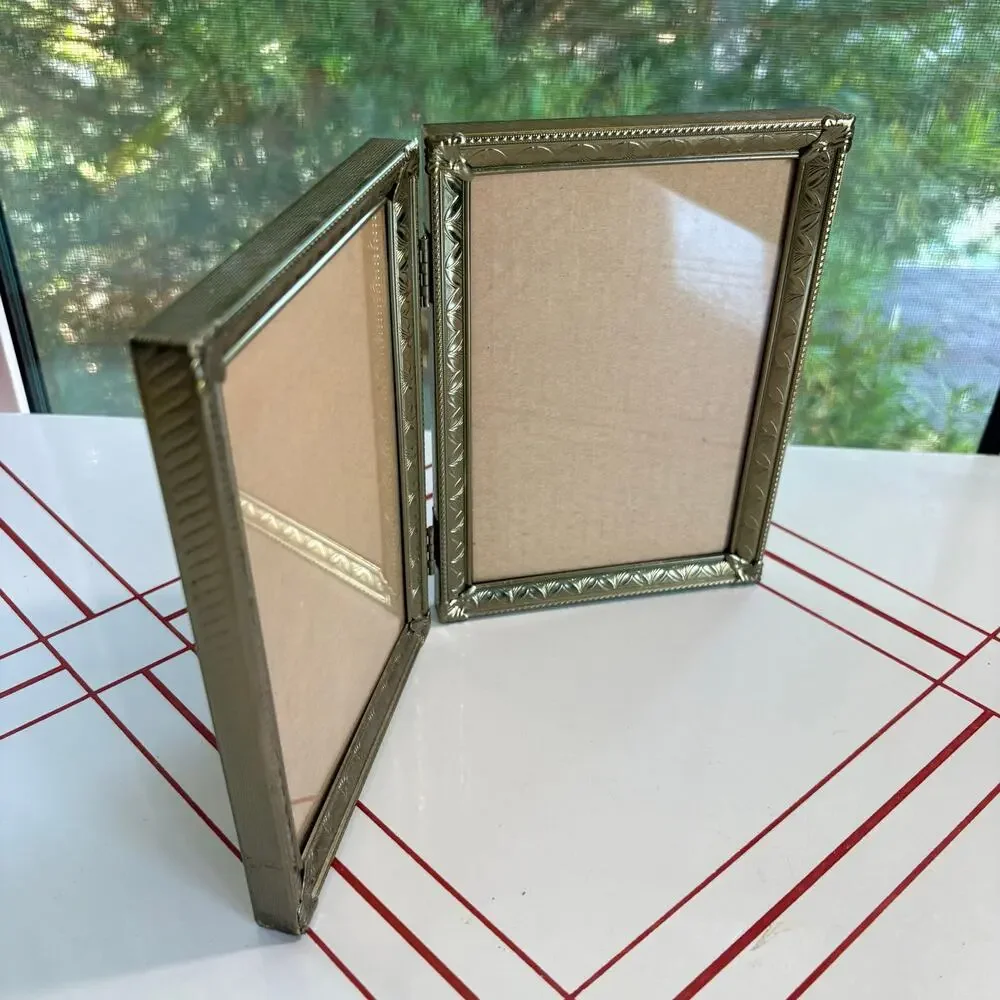 Vintage Double 5x7 Hinged Picture Frame Ornate Gold Tone Metal Folding Frame